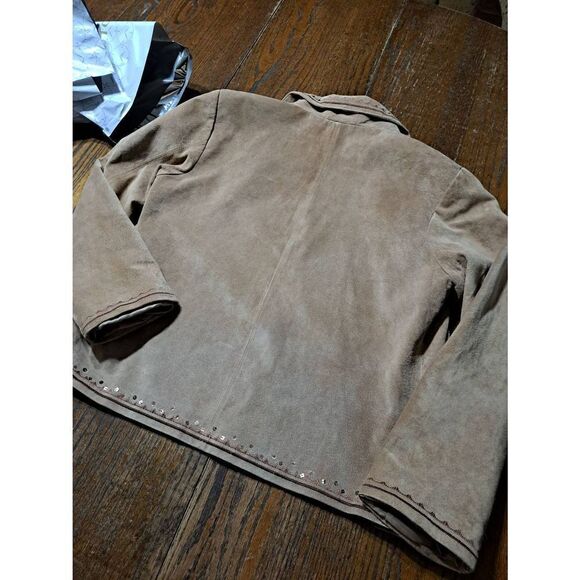 Chicos Size 1 Medium Size 8 Tan Suede Leather Open Front Jacket Blazer Embellish - Picture 8 of 8